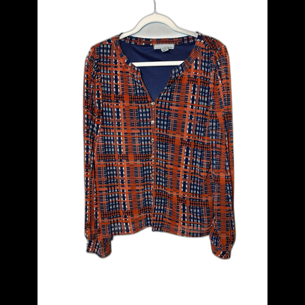 Rust Orange Navy Geometric Print Long Sleeve Blouse